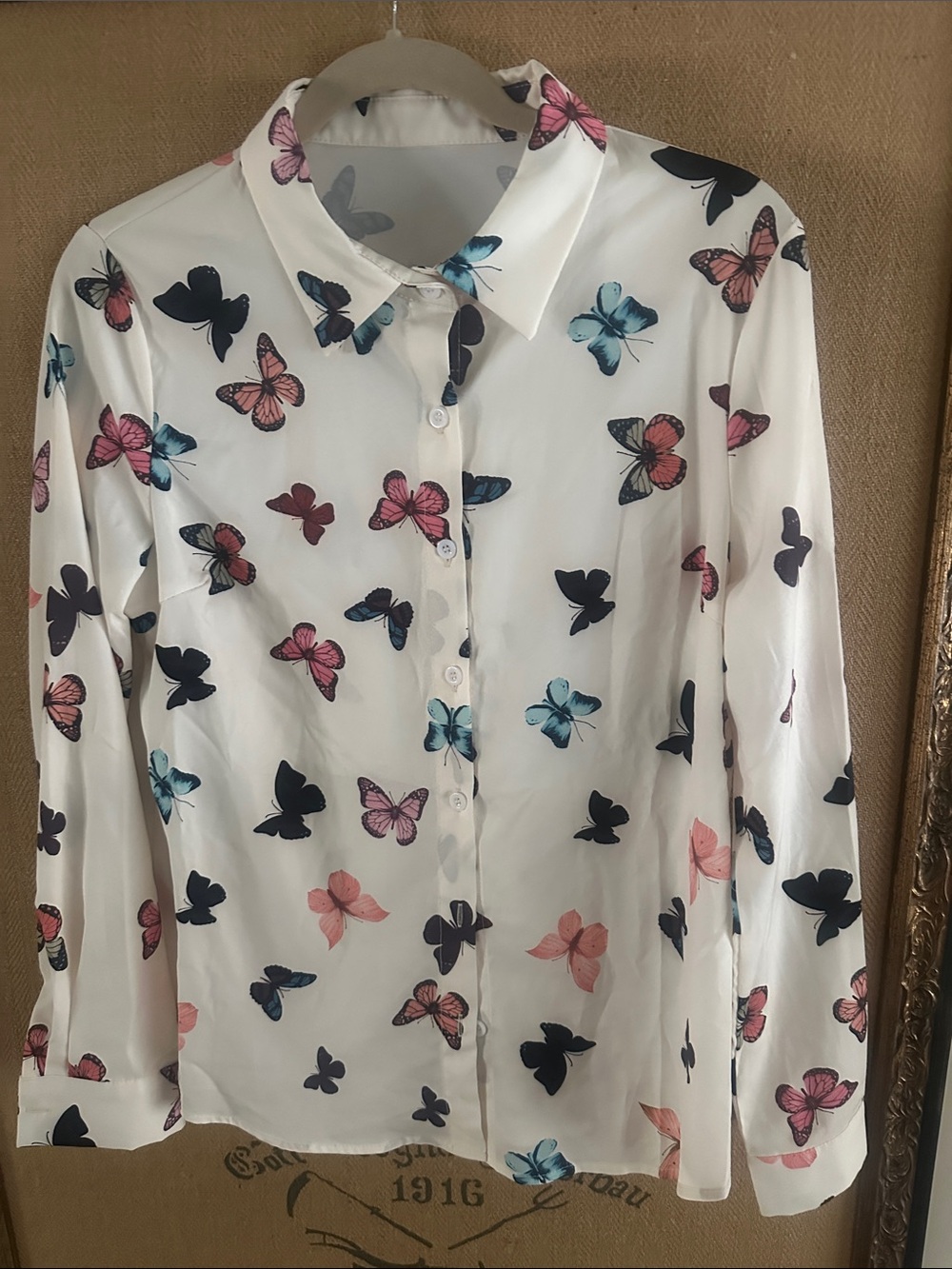 White Butterfly Print Button-Up Blouse